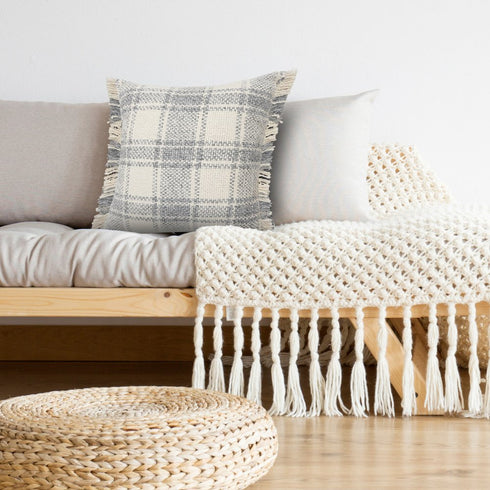20" Gray And Ivory Plaid Cotton Blend Throw Pillow Cover with Fringe