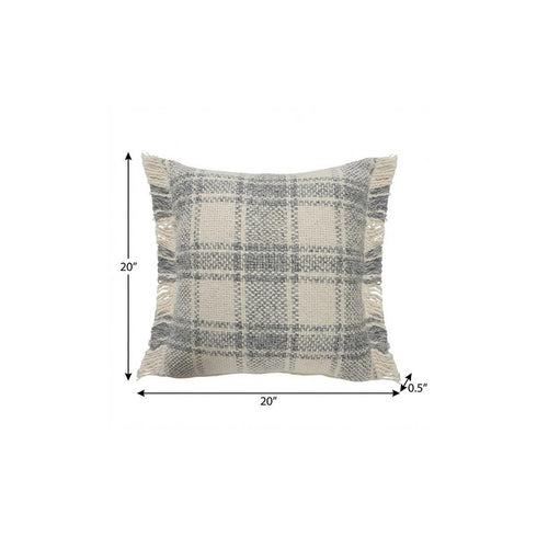 20" Gray And Ivory Plaid Cotton Blend Throw Pillow Cover with Fringe
