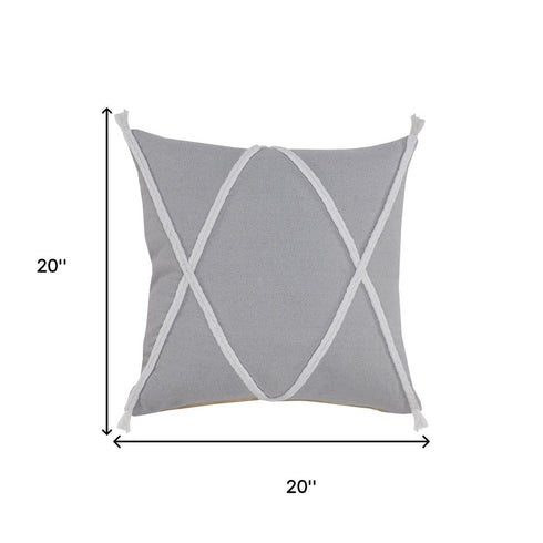 20" Gray And White Beach Geometric Cotton Throw Pillow Cover with Tufts And Texture