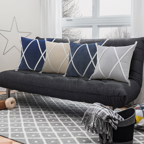20" Gray And White Beach Geometric Cotton Throw Pillow Cover with Tufts And Texture