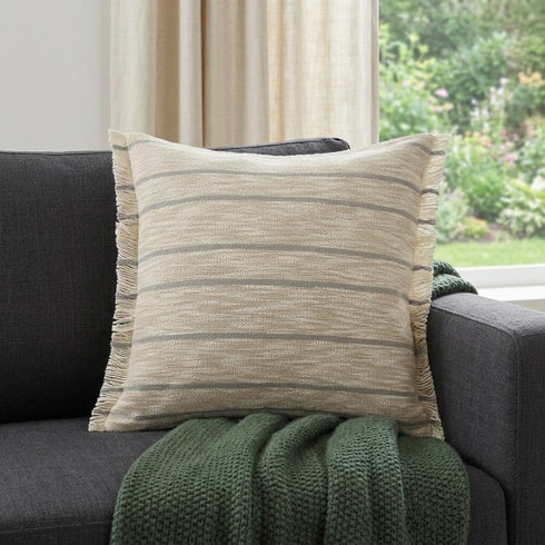 20" Tan And Gray Striped Cotton Blend Throw Pillow Cover with Fringe