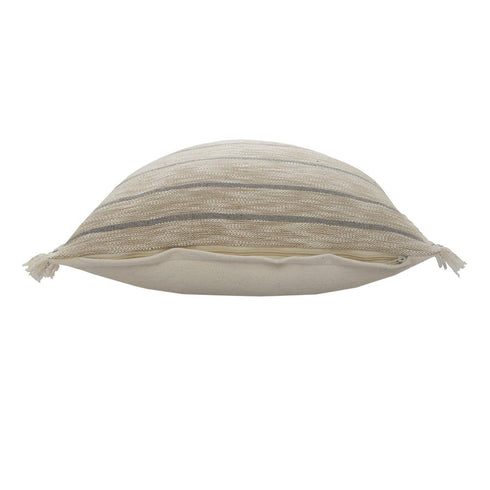20" Tan And Gray Striped Cotton Blend Throw Pillow Cover with Fringe