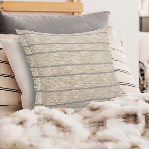 20" Tan And Gray Striped Cotton Blend Throw Pillow Cover with Fringe