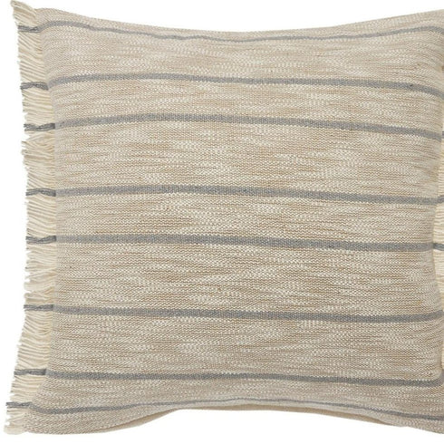 20" Tan And Gray Striped Cotton Blend Throw Pillow Cover with Fringe