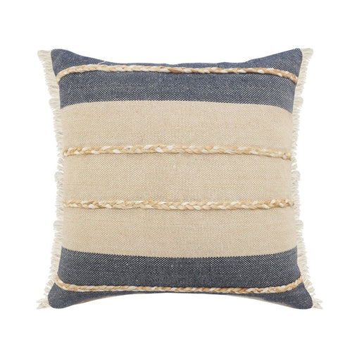 20" Beige And Blue Beach Striped Cotton Blend Throw Pillow Cover with Fringe And Texture