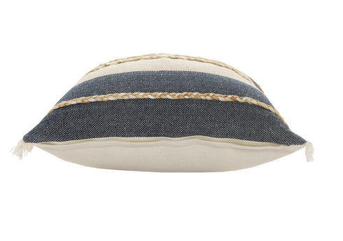 20" Beige And Blue Beach Striped Cotton Blend Throw Pillow Cover with Fringe And Texture