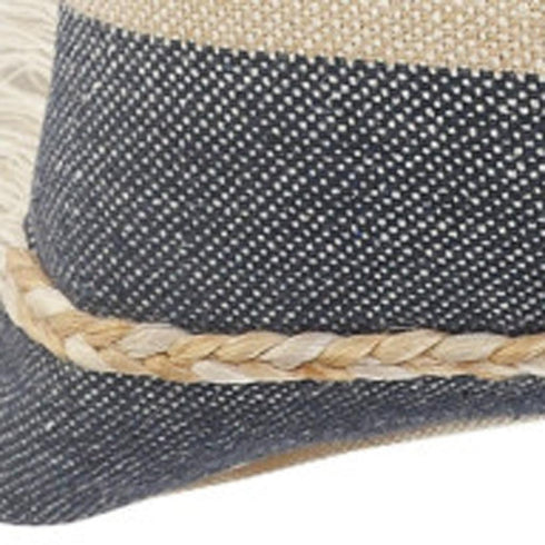 20" Beige And Blue Beach Striped Cotton Blend Throw Pillow Cover with Fringe And Texture