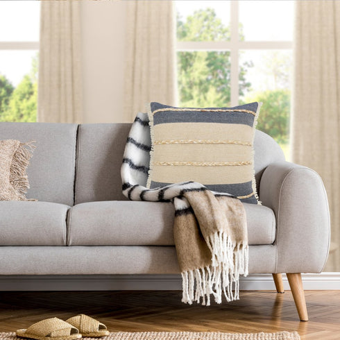 20" Beige And Blue Beach Striped Cotton Blend Throw Pillow Cover with Fringe And Texture
