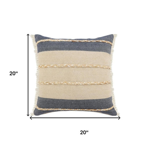 20" Beige And Blue Beach Striped Cotton Blend Throw Pillow Cover with Fringe And Texture