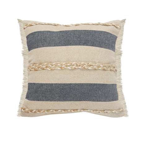 20" Beige And Blue Beach Striped Cotton Blend Throw Pillow Cover with Fringe And Texture
