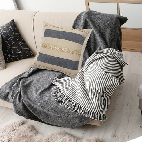 20" Beige And Blue Beach Striped Cotton Blend Throw Pillow Cover with Fringe And Texture