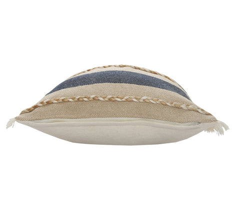 20" Beige And Blue Beach Striped Cotton Blend Throw Pillow Cover with Fringe And Texture