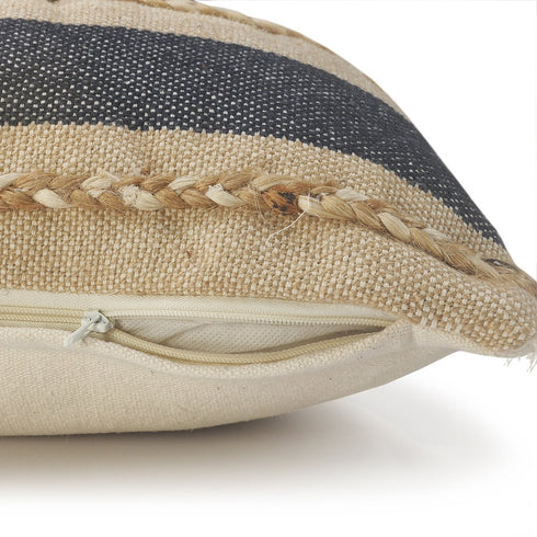 20" Beige And Blue Beach Striped Cotton Blend Throw Pillow Cover with Fringe And Texture