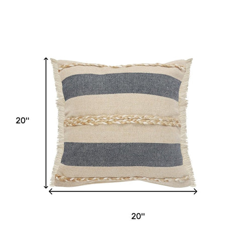 20" Beige And Blue Beach Striped Cotton Blend Throw Pillow Cover with Fringe And Texture