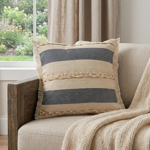 20" Beige And Blue Beach Striped Cotton Blend Throw Pillow Cover with Fringe And Texture