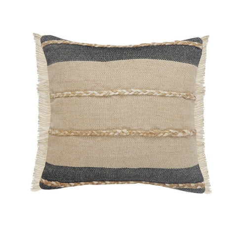 24" Beige And Black Beach Striped Cotton Blend Throw Pillow Cover with Fringe And Texture