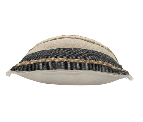 24" Beige And Black Beach Striped Cotton Blend Throw Pillow Cover with Fringe And Texture