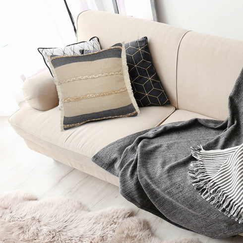 24" Beige And Black Beach Striped Cotton Blend Throw Pillow Cover with Fringe And Texture