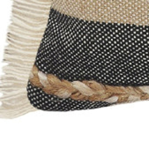 24" Beige And Black Beach Striped Cotton Blend Throw Pillow Cover with Fringe And Texture