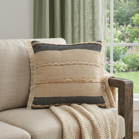 24" Beige And Black Beach Striped Cotton Blend Throw Pillow Cover with Fringe And Texture
