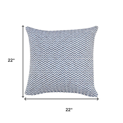 22" Blue And White Chevron Cotton Throw Pillow Cover