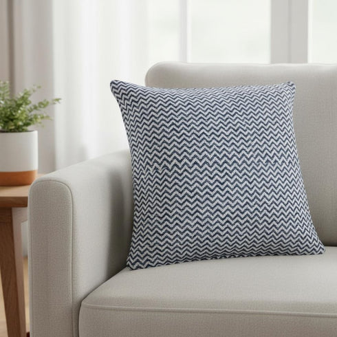 22" Blue And White Chevron Cotton Throw Pillow Cover