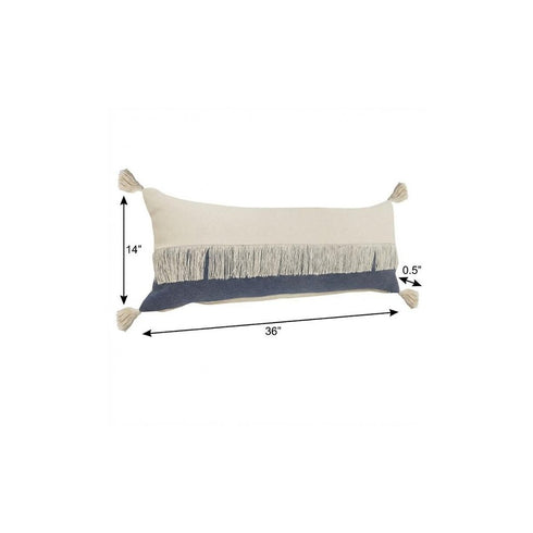 14" X 36" Denim Blue And Ivory Lumbar Beach Cotton Throw Pillow Cover with Tassels
