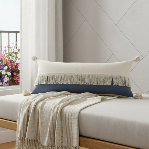 14" X 36" Denim Blue And Ivory Lumbar Beach Cotton Throw Pillow Cover with Tassels