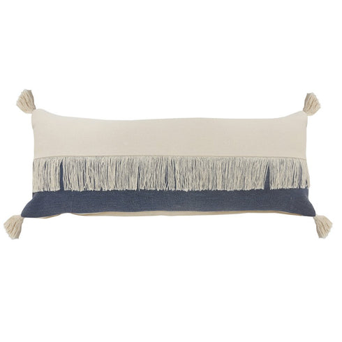 14" X 36" Denim Blue And Ivory Lumbar Beach Cotton Throw Pillow Cover with Tassels