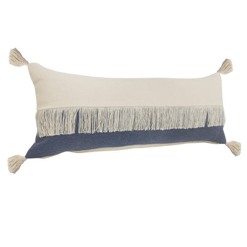 14" X 36" Denim Blue And Ivory Lumbar Beach Cotton Throw Pillow Cover with Tassels