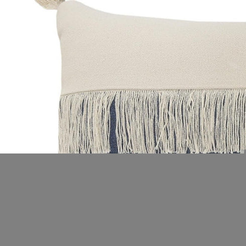 14" X 36" Denim Blue And Ivory Lumbar Beach Cotton Throw Pillow Cover with Tassels