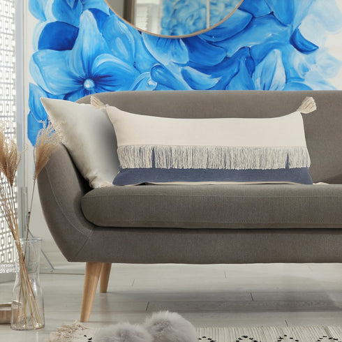 14" X 36" Denim Blue And Ivory Lumbar Beach Cotton Throw Pillow Cover with Tassels