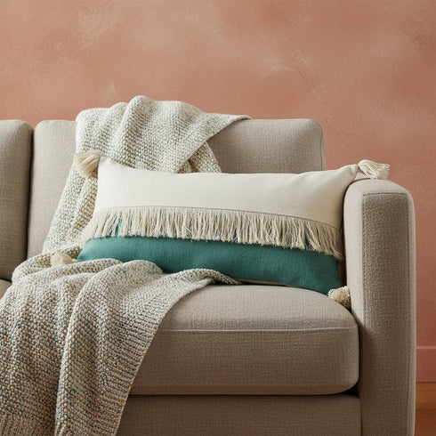 14" X 36" Green And Off White Lumbar Beach Cotton Throw Pillow Cover with Tassels