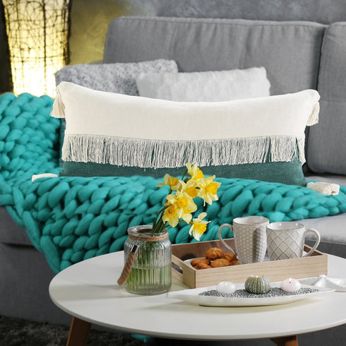 14" X 36" Green And Off White Lumbar Beach Cotton Throw Pillow Cover with Tassels