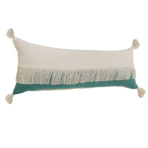 14" X 36" Green And Off White Lumbar Beach Cotton Throw Pillow Cover with Tassels