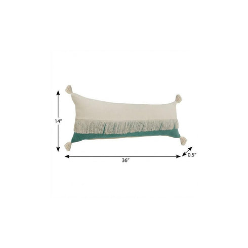 14" X 36" Green And Off White Lumbar Beach Cotton Throw Pillow Cover with Tassels
