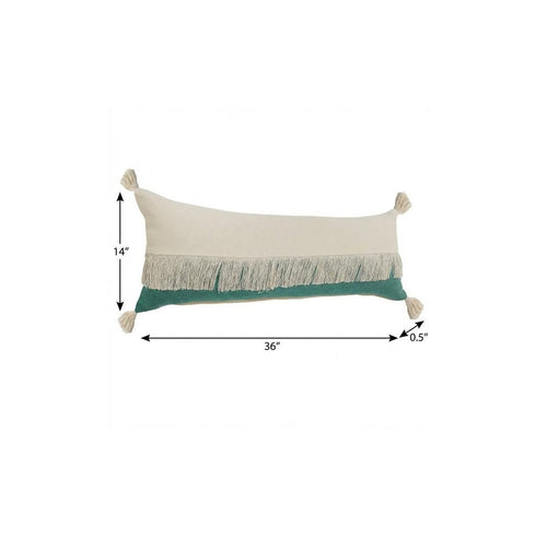 14" X 36" Green And Off White Lumbar Beach Cotton Throw Pillow Cover with Tassels