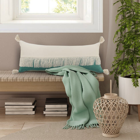 14" X 36" Green And Off White Lumbar Beach Cotton Throw Pillow Cover with Tassels