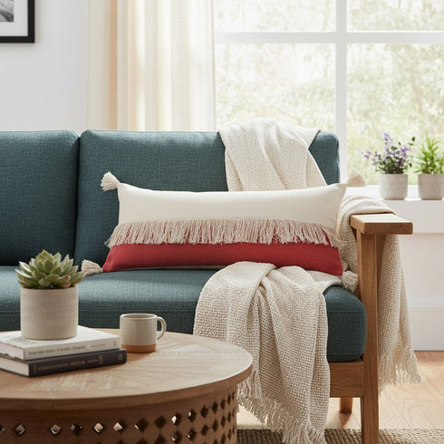 14" X 36" Raspberry And Off White Lumbar Beach Cotton Throw Pillow Cover with Tassels