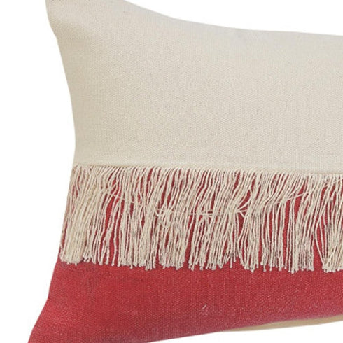 14" X 36" Raspberry And Off White Lumbar Beach Cotton Throw Pillow Cover with Tassels