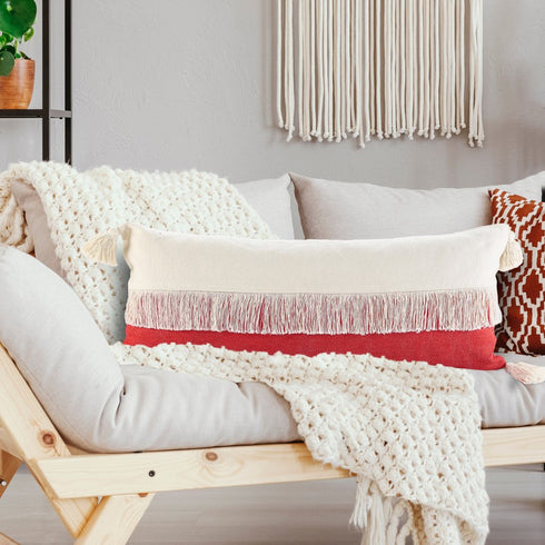14" X 36" Raspberry And Off White Lumbar Beach Cotton Throw Pillow Cover with Tassels