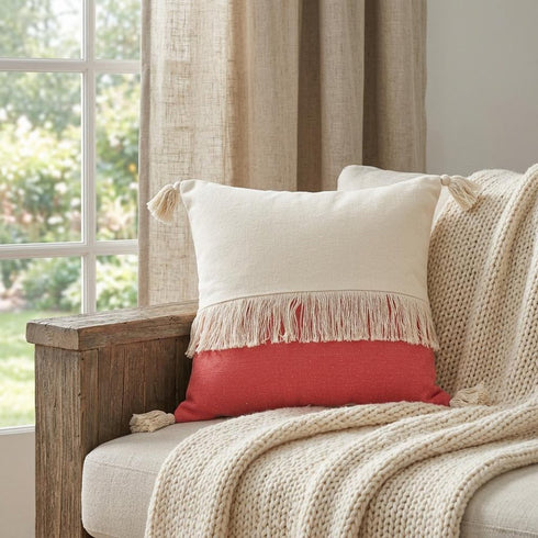 20" Raspberry And Off White Beach Cotton Throw Pillow Cover with Tassels