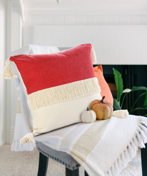 20" Raspberry And Off White Beach Cotton Throw Pillow Cover with Tassels