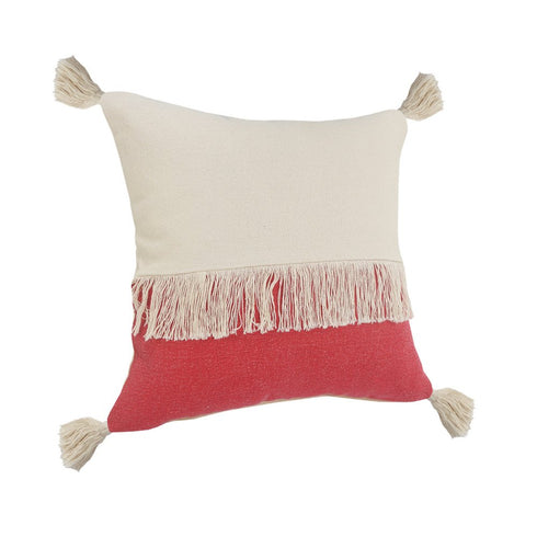 20" Raspberry And Off White Beach Cotton Throw Pillow Cover with Tassels