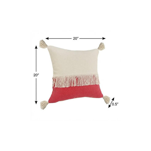 20" Raspberry And Off White Beach Cotton Throw Pillow Cover with Tassels