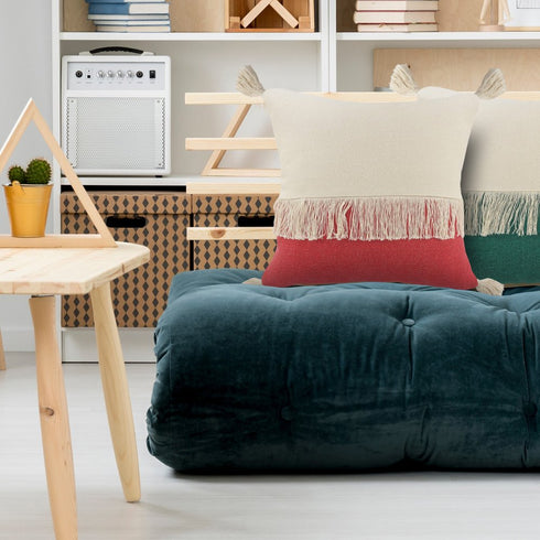 20" Raspberry And Off White Beach Cotton Throw Pillow Cover with Tassels