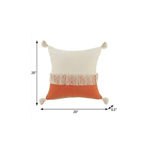 20" Pumpkin And Off White Beach Cotton Throw Pillow Cover with Tassels