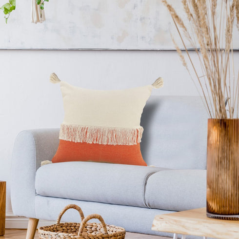 20" Pumpkin And Off White Beach Cotton Throw Pillow Cover with Tassels