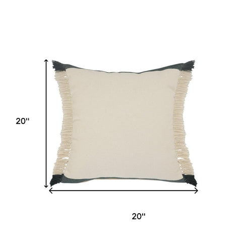 20" Green And White Striped Cotton Throw Pillow Cover with Fringe