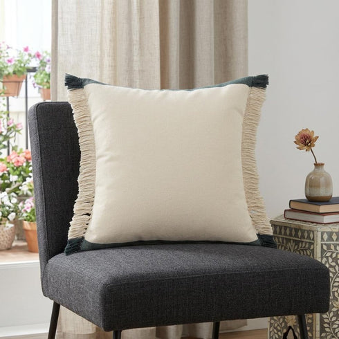 20" Green And White Striped Cotton Throw Pillow Cover with Fringe